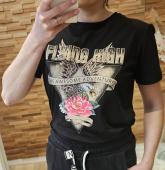 T-shirt noir imprimé aigle et fleur rose